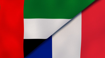 The flags of United Arab Emirates and France. News, reportage, business background. 3d illustration