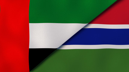 Fototapeta premium The flags of United Arab Emirates and Gambia. News, reportage, business background. 3d illustration