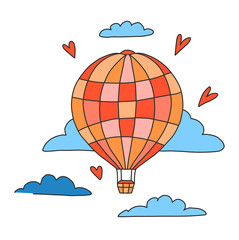 Balloon in the sky among clouds Isolated on a white background.Red balloon on a white background in the style of a cartoon.Print for design and printing on childrens clothing,romantic cards,gift wraps
