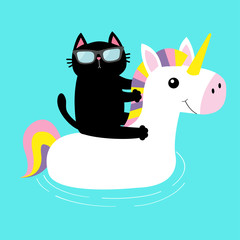 Black cat floating on white unicorn pool float water circle icon. Swimming pool water. Sunglasses. Lifebuoy. Cute cartoon relaxing character. Hello Summer. Flat design. Blue background. Isolated.