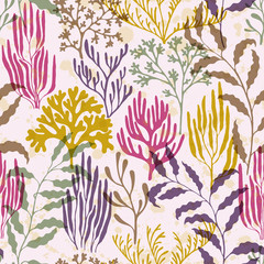 Coral reef seamless pattern., Australian staghorn and pillar corals branches.