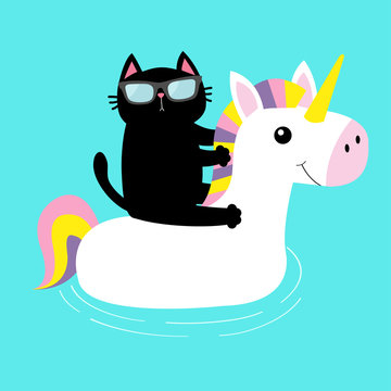 Black cat floating on white unicorn pool float water circle icon. Swimming pool water. Sunglasses. Lifebuoy. Cute cartoon relaxing character. Hello Summer. Flat design. Blue background. Isolated.