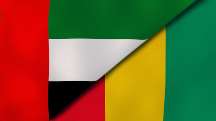 The flags of United Arab Emirates and Guinea. News, reportage, business background. 3d illustration