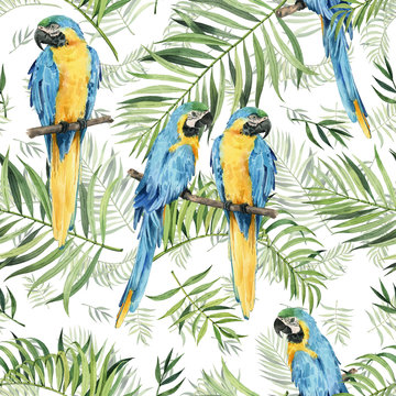 Pattern with beautiful watercolor parrots and tropical leaves. Tropics. Realistic tropical leaves. Tropical birds.