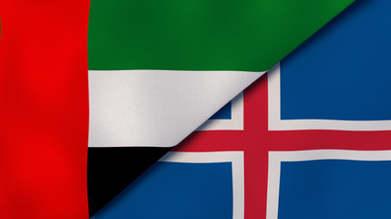 The flags of United Arab Emirates and Iceland. News, reportage, business background. 3d illustration