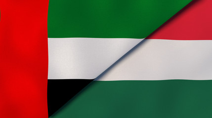 The flags of United Arab Emirates and Hungary. News, reportage, business background. 3d illustration