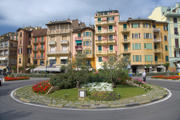 Circular turn-around with colorful buildings of Santa Margarita, the Italian Riviera, on the Mediterranean Sea, Italy, Europe