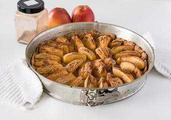Selbstgemachter Apfelkuchen in der Springform mit Zutaten im Hintergrund