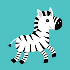 Fototapeta na wymiar Zebra icon. Black striped horse jumping. Notebook cover, t-shirt print. Cute cartoon kawaii funny baby character. Zoo animal. Education cards for kids. Flat design. Isolated. Blue background.