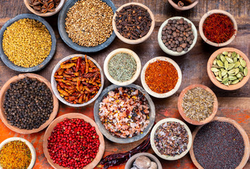 Indian spices collection, dried colorful condiment, nuts, pods and seeds and another spices in clay bowls