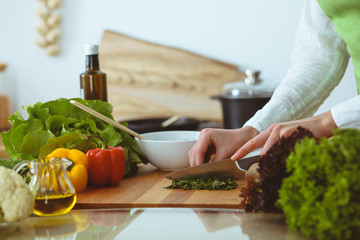 Unknown human hands cooking in kitchen. Woman is busy with vegetable salad. Healthy meal, and vegetarian food concept