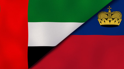 The flags of United Arab Emirates and Liechtenstein. News, reportage, business background. 3d illustration