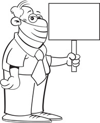 Black and white illustration of a man wearing a protective mask and holding a sign.