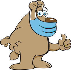 Cartoon illustration of a bear wearing a protective mask and giving thumbs up.