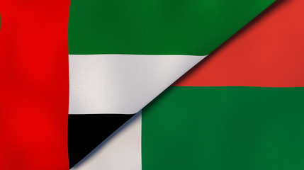The flags of United Arab Emirates and Madagascar. News, reportage, business background. 3d illustration