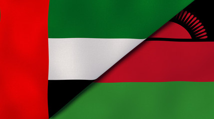 The flags of United Arab Emirates and Malawi. News, reportage, business background. 3d illustration