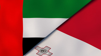 The flags of United Arab Emirates and Malta. News, reportage, business background. 3d illustration