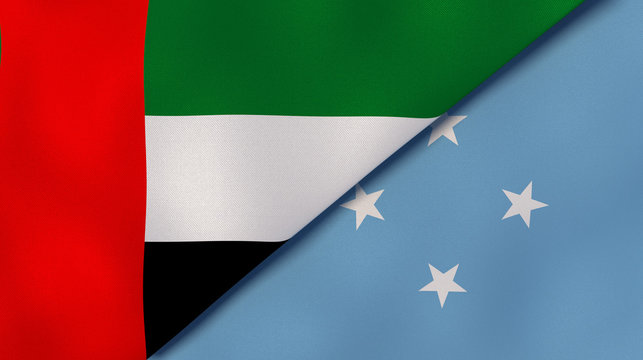 The flags of United Arab Emirates and Micronesia. News, reportage, business background. 3d illustration