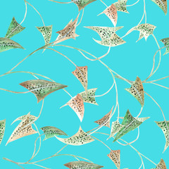 Green-brown watercolor branches on blue background: tender seamless pattern, floral wallpaper design and textile print.