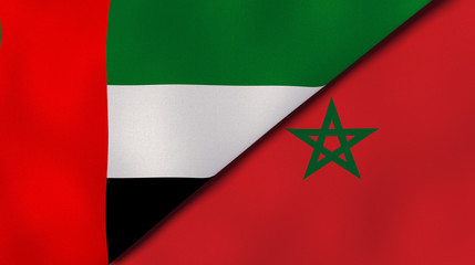 The flags of United Arab Emirates and Morocco. News, reportage, business background. 3d illustration
