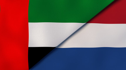 The flags of United Arab Emirates and Netherlands. News, reportage, business background. 3d illustration
