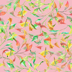 Colorful watercolor branches on pink background: tender seamless pattern, floral wallpaper design and textile print.