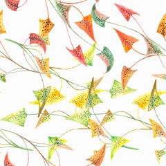 Yellow, green and red watercolor branches on white background: tender seamless pattern, floral wallpaper design and textile print.