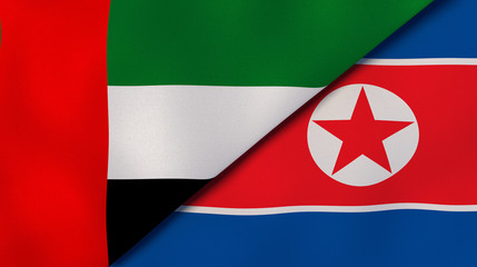 The flags of United Arab Emirates and North Korea. News, reportage, business background. 3d illustration