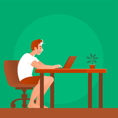 A young man in shorts is sitting at a table with a laptop. Remote work at home. Green background. Vector cartoon illustration.