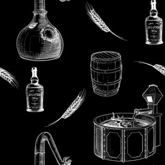 Whiskey making process from grain to bottle. Pieces of equipment. Seamless pattern. White line sketch isolated on black background. EPS10 vector illustration.