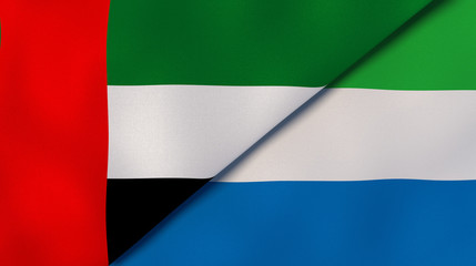 The flags of United Arab Emirates and Sierra Leone. News, reportage, business background. 3d illustration