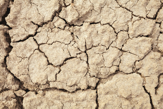 Cracks in the earth in rural areas. Ground texture background. Dry soil abstract photo. Mosaic pattern