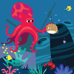 Underwater stage with octopus cartoon illustration - 338462030