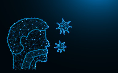 Man with respiratory system and germs made from points and lines on dark blue background, respiratory infection wireframe mesh polygonal vector illustration