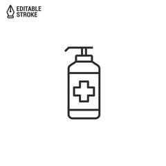 Icon Of A Sanitizer Gel. Bottle With Sanitizer Isolated On White Background. Concept Of Antibacterial Gel. Outline Vector Icon With Editable Strokes