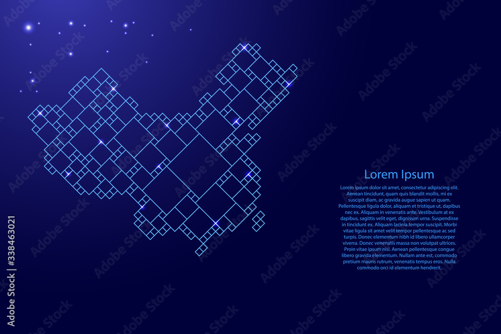 Poster china map from blue pattern from a grid of squares of different sizes and glowing space stars. vecto