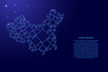 China map from blue pattern from a grid of squares of different sizes and glowing space stars. Vector illustration.