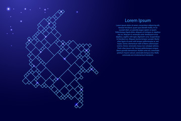 Colombia map from blue pattern from a grid of squares of different sizes and glowing space stars. Vector illustration.