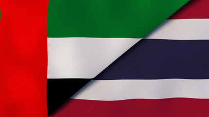 The flags of United Arab Emirates and Thailand. News, reportage, business background. 3d illustration