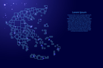 Greece map from blue pattern from a grid of squares of different sizes and glowing space stars. Vector illustration.