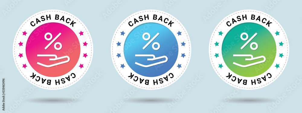 Poster cash back insignia stamp. vector certificate icon. set of 3 beautiful color gradients. vector combin