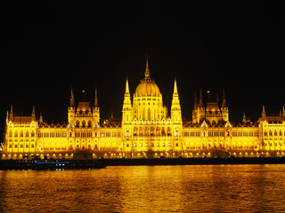 View of the Hungarian Parliament Building and the Danube river at night in Budapest, Hungary.