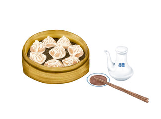Watercolor Illustration of Dim Sum XiaoLongBao. Translation on bottle text 