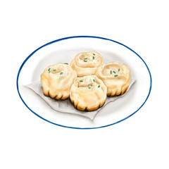 Watercolor Illustration of Dim Sum Pan Fried Dumpling