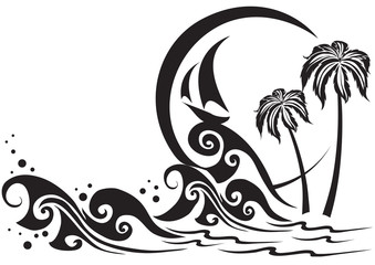 stylized landscape of a resort with a sea sailing boat and a beach with palm trees in black, vector illustration,