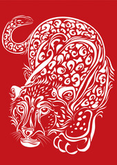 stylized leopard in white on a red background sneaking, isolated object on a white background, vector illustration,