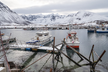 Flota amarrada en el puerto de Tromvik.Paisaje nevado hivernal de los fiordos noruegos en el Norte de noruega, Tromvik, provincia de Tromso