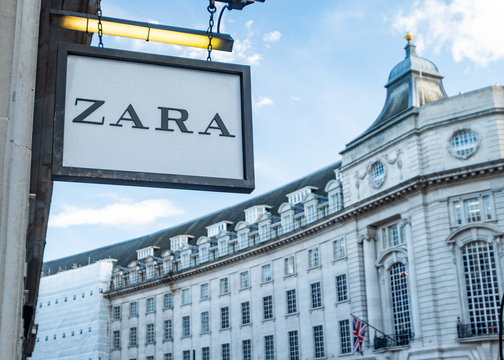 LONDON- APRIL, 2019: Zara store signage on Regent Street store, a fast fashion retailer with branches across the UK