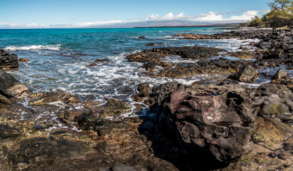Lava Covered Shoreline Of Kihola State Park Reserve With The Kohala Mountains In The Distance, Hawaii, Hawai,USA