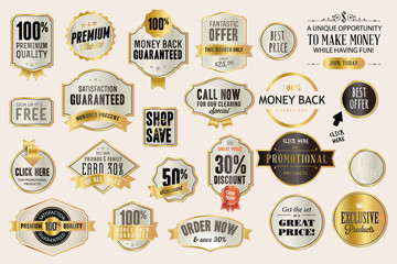 Set of luxury labels and badges for sale. Vector illustrations for graphic and web design, marketing material, product promotion, social media and online shopping.